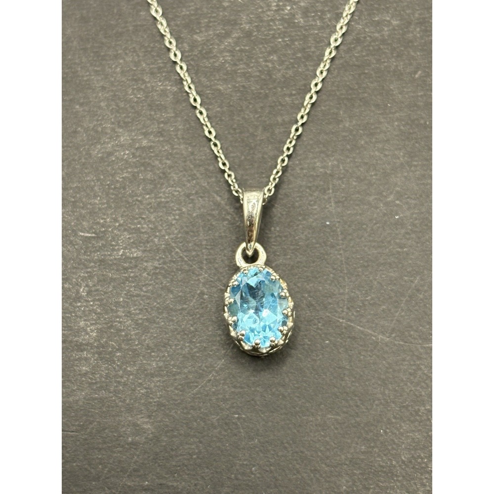 New Condition Sterling Silver Genuine Blue Topaz 8x6MM Pendant Necklace J2